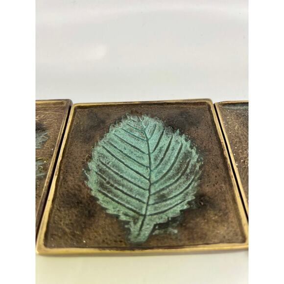 Vintage Heavy Set of 4 Coasters Metal Leaves Gold and Teal Blue - Picture 2 of 6